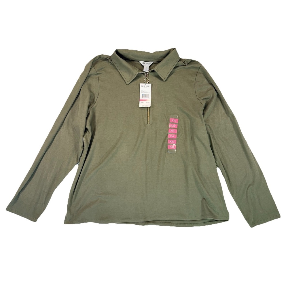 NWT Women XXL Nine West Quarter Zip Top Olive Green Long Sleeve Stretch Soft NEW